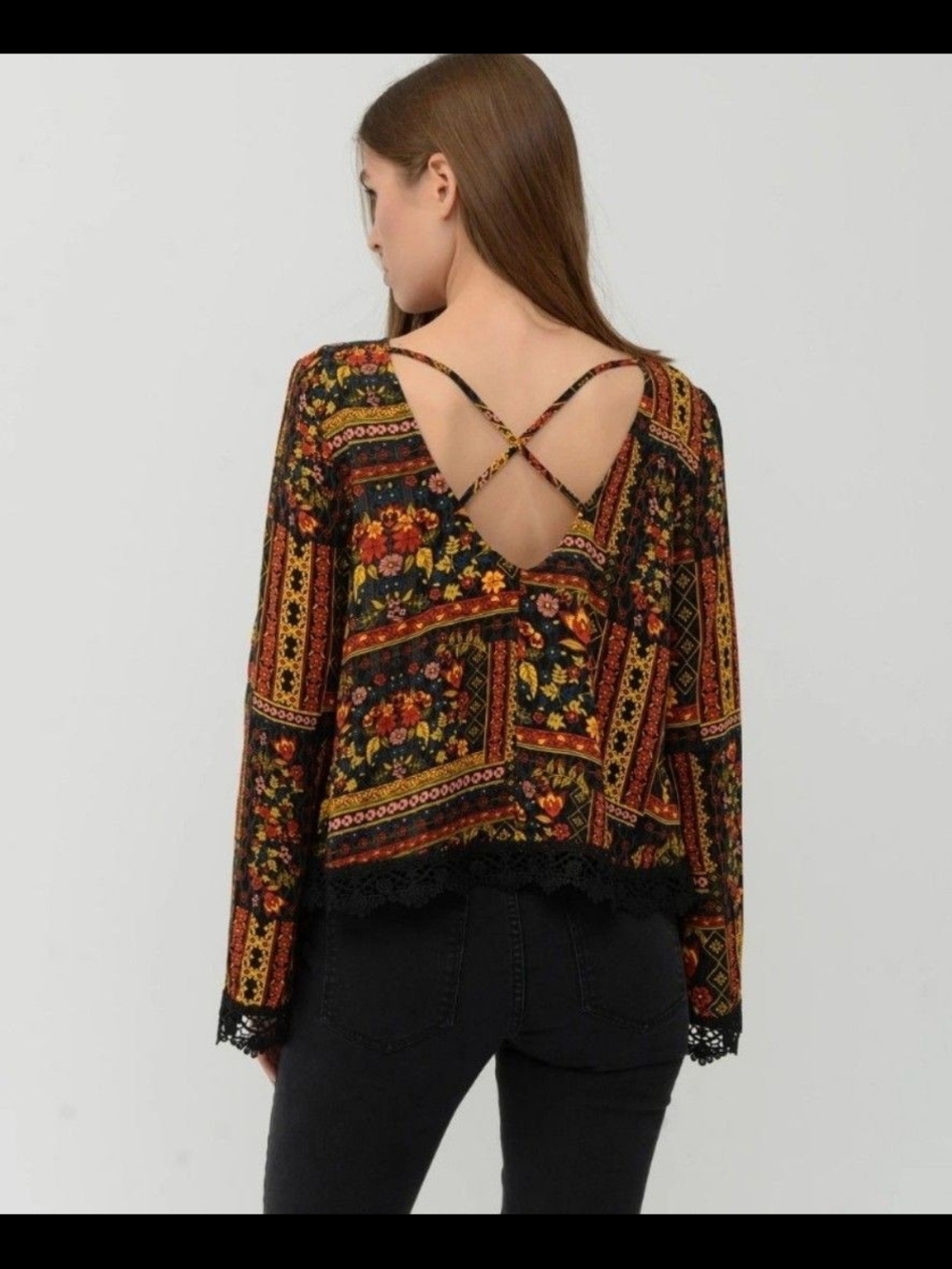 H&M Coachella Black Floral  Crisscross-Back Blouse